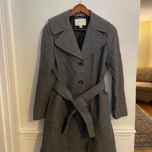 Grey Wool Long Belted Classic Coat